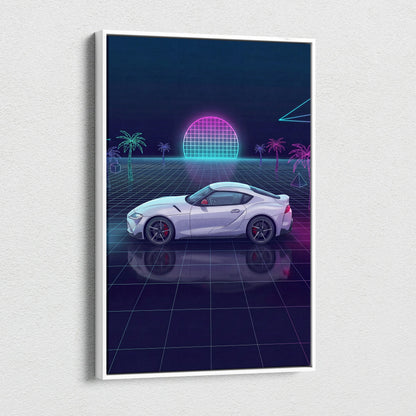 Toyota GR Supra Inspired White Purple Canvas Wall Art Vaporwave Sports Car Artwork Neon Grid Garage Decor Retro Futuristic JDM Sunset Print