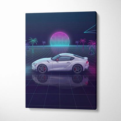 Toyota GR Supra Inspired White Purple Canvas Wall Art Vaporwave Sports Car Artwork Neon Grid Garage Decor Retro Futuristic JDM Sunset Print