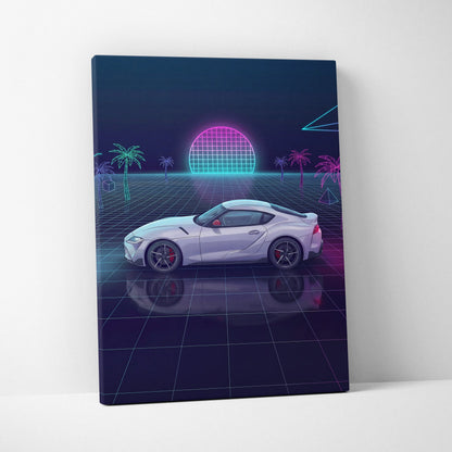 Toyota GR Supra Inspired White Purple Canvas Wall Art Vaporwave Sports Car Artwork Neon Grid Garage Decor Retro Futuristic JDM Sunset Print