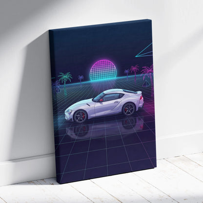 Toyota GR Supra Inspired White Purple Canvas Wall Art Vaporwave Sports Car Artwork Neon Grid Garage Decor Retro Futuristic JDM Sunset Print