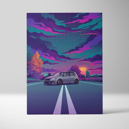 Volkswagen Golf GTI Inspired Gray Purple Canvas Wall Art Vaporwave Hot Hatch Artwork Neon Road Garage Decor Retro Futuristic Sunset Print