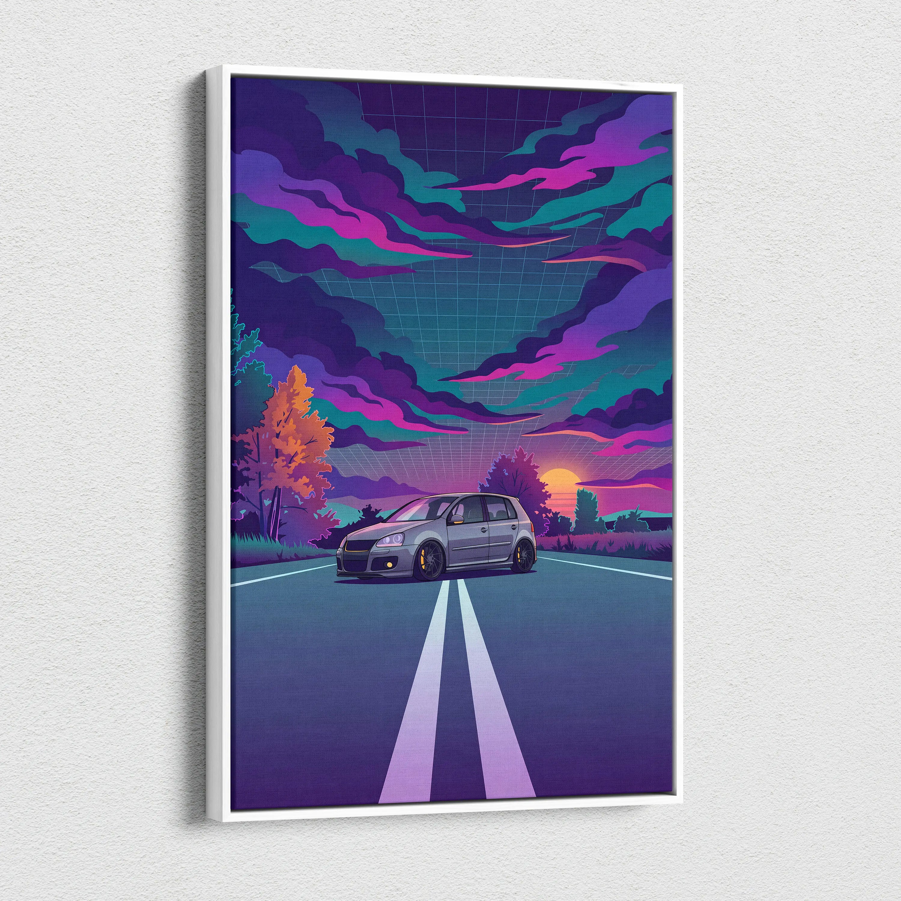 Volkswagen Golf GTI Inspired Gray Purple Canvas Wall Art Vaporwave Hot Hatch Artwork Neon Road Garage Decor Retro Futuristic Sunset Print