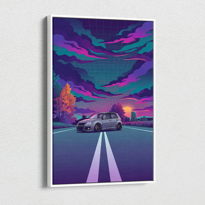 Volkswagen Golf GTI Inspired Gray Purple Canvas Wall Art Vaporwave Hot Hatch Artwork Neon Road Garage Decor Retro Futuristic Sunset Print