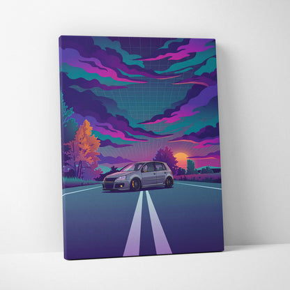 Volkswagen Golf GTI Inspired Gray Purple Canvas Wall Art Vaporwave Hot Hatch Artwork Neon Road Garage Decor Retro Futuristic Sunset Print
