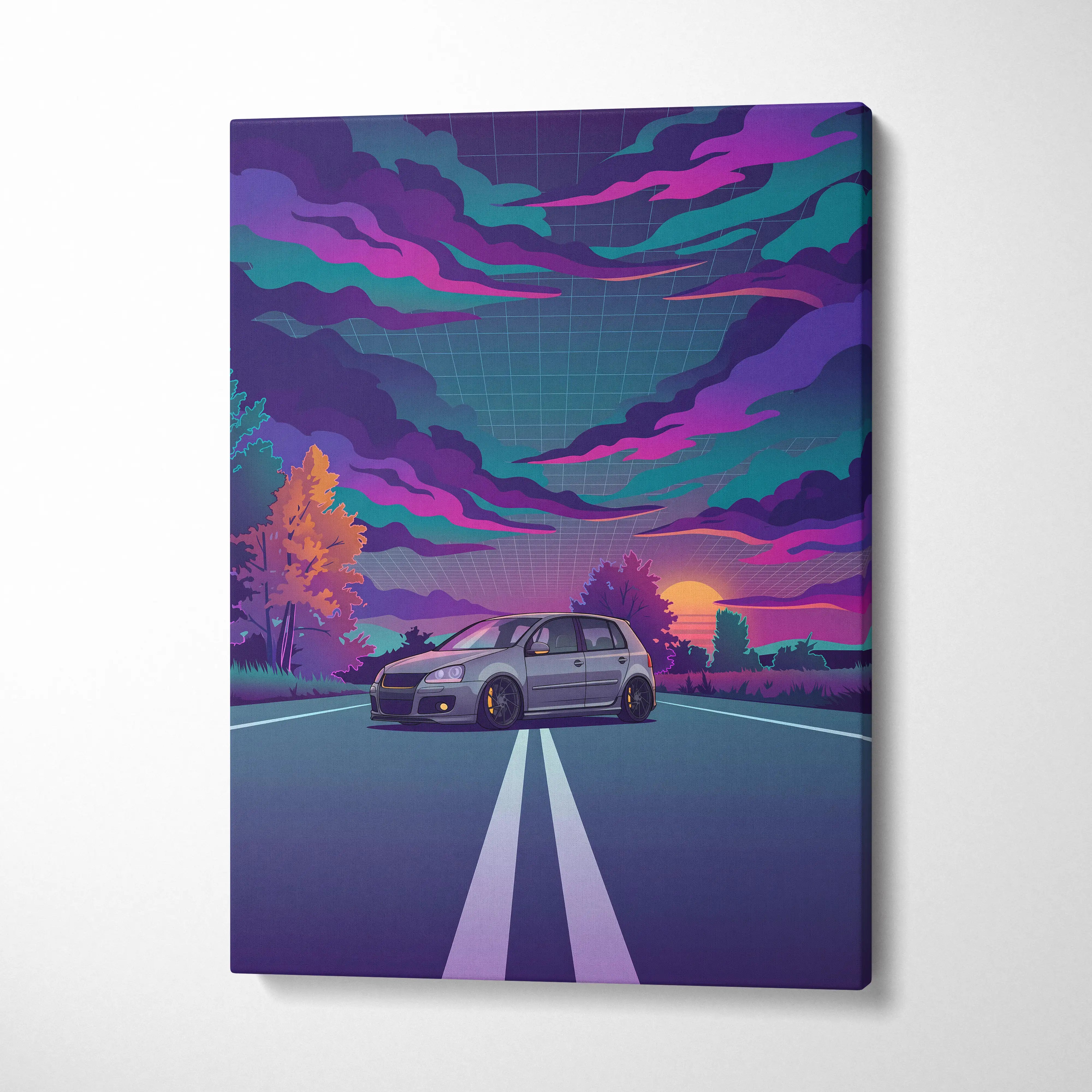Volkswagen Golf GTI Inspired Gray Purple Canvas Wall Art Vaporwave Hot Hatch Artwork Neon Road Garage Decor Retro Futuristic Sunset Print