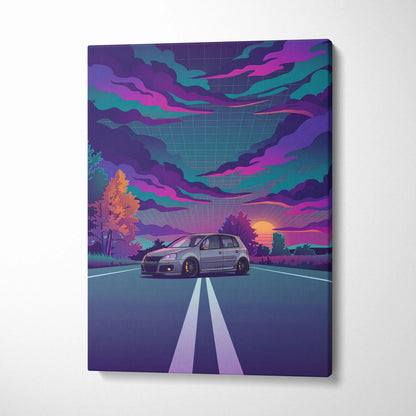 Volkswagen Golf GTI Inspired Gray Purple Canvas Wall Art Vaporwave Hot Hatch Artwork Neon Road Garage Decor Retro Futuristic Sunset Print