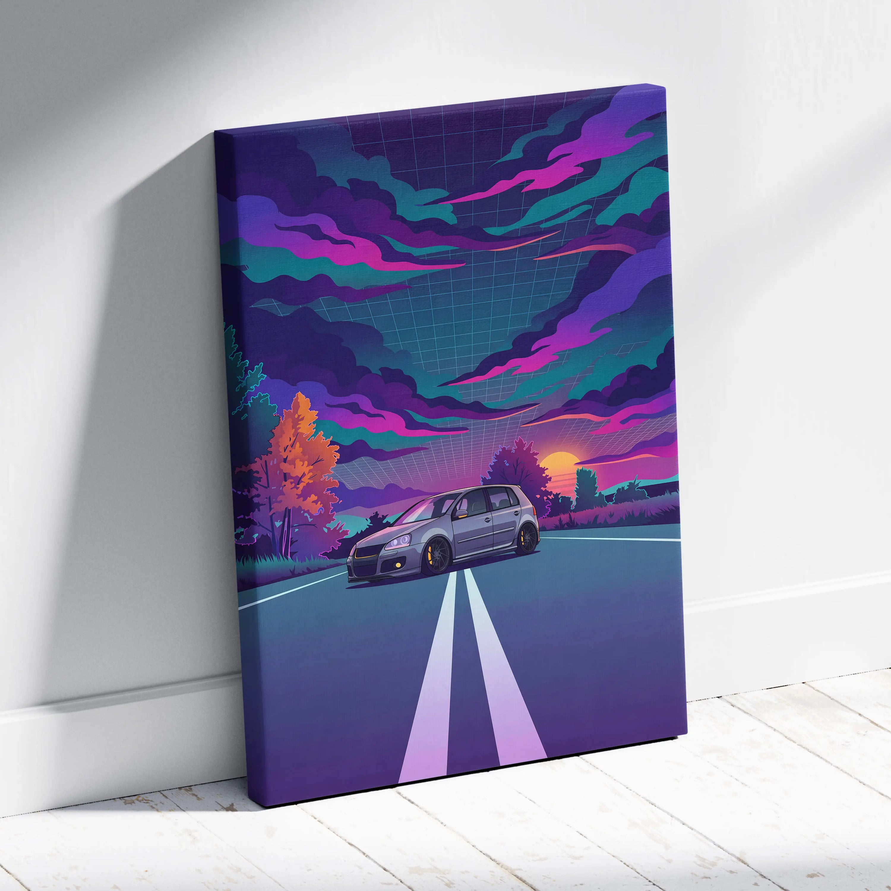 Volkswagen Golf GTI Inspired Gray Purple Canvas Wall Art Vaporwave Hot Hatch Artwork Neon Road Garage Decor Retro Futuristic Sunset Print