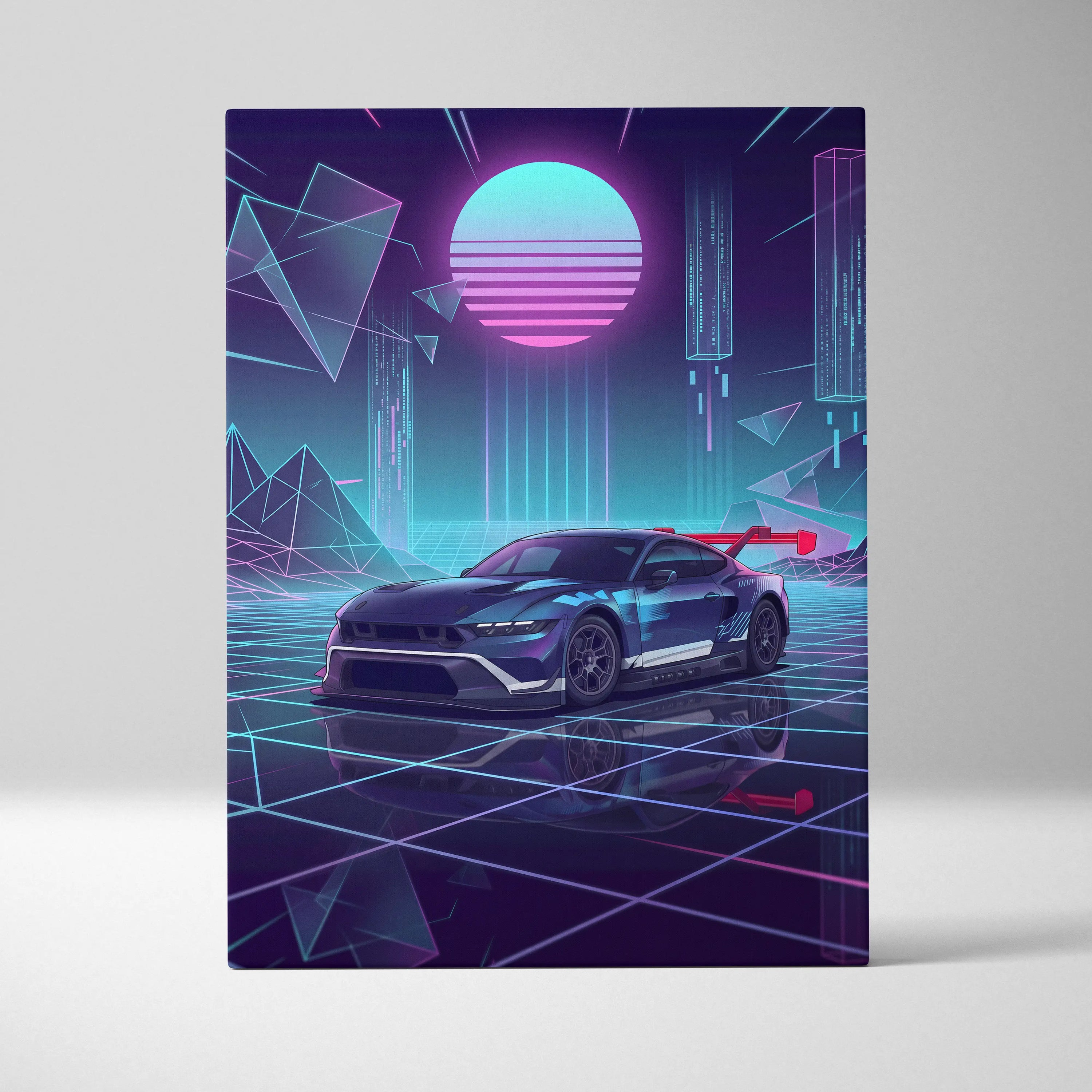 Ford Mustang GTD Inspired Blue Purple Canvas Wall Art Vaporwave Race Car Artwork Neon Grid Garage Decor Retro Futuristic Motorsport Print