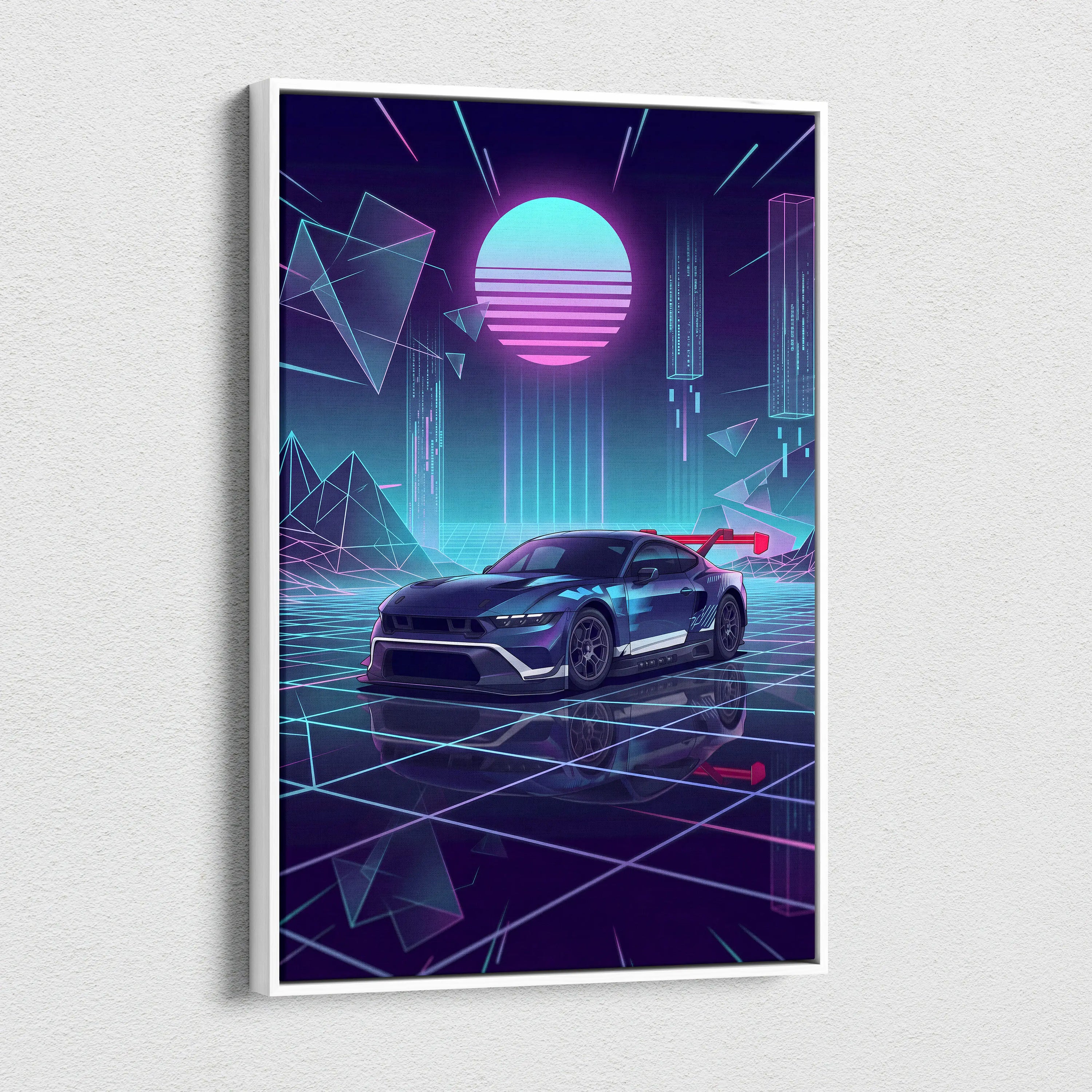 Ford Mustang GTD Inspired Blue Purple Canvas Wall Art Vaporwave Race Car Artwork Neon Grid Garage Decor Retro Futuristic Motorsport Print