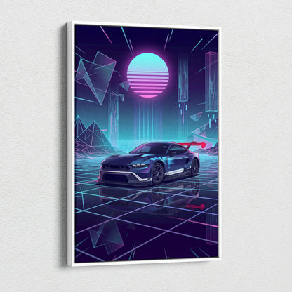 Ford Mustang GTD Inspired Blue Purple Canvas Wall Art Vaporwave Race Car Artwork Neon Grid Garage Decor Retro Futuristic Motorsport Print