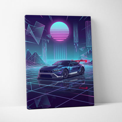Ford Mustang GTD Inspired Blue Purple Canvas Wall Art Vaporwave Race Car Artwork Neon Grid Garage Decor Retro Futuristic Motorsport Print
