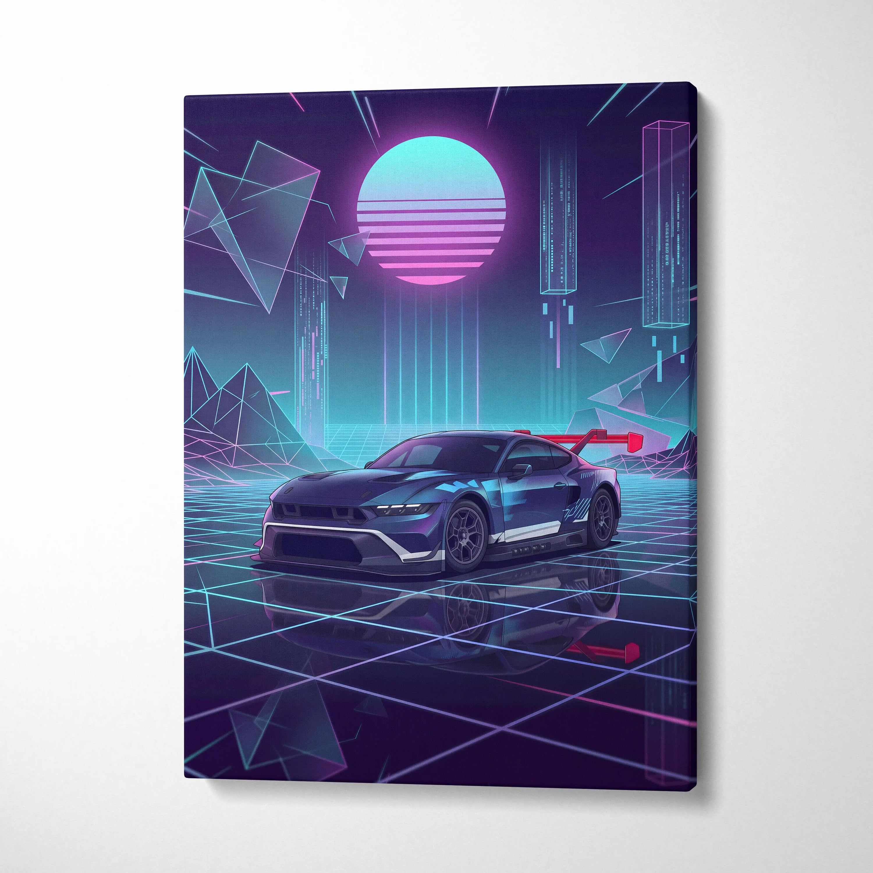 Ford Mustang GTD Inspired Blue Purple Canvas Wall Art Vaporwave Race Car Artwork Neon Grid Garage Decor Retro Futuristic Motorsport Print