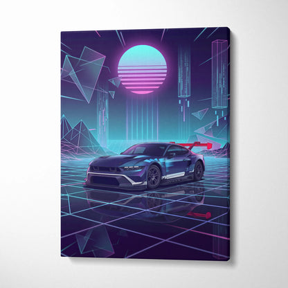 Ford Mustang GTD Inspired Blue Purple Canvas Wall Art Vaporwave Race Car Artwork Neon Grid Garage Decor Retro Futuristic Motorsport Print