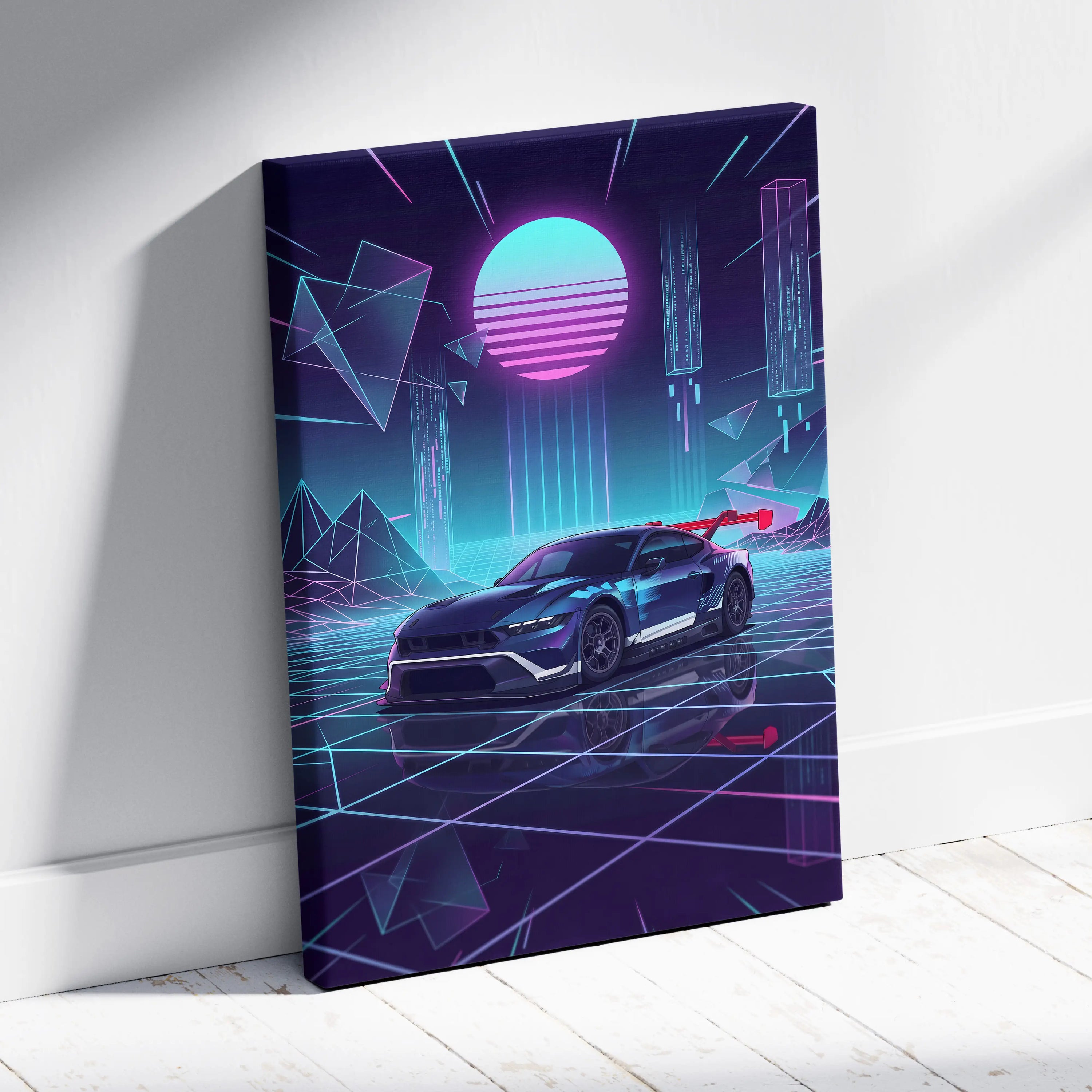 Ford Mustang GTD Inspired Blue Purple Canvas Wall Art Vaporwave Race Car Artwork Neon Grid Garage Decor Retro Futuristic Motorsport Print