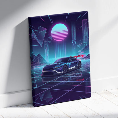 Ford Mustang GTD Inspired Blue Purple Canvas Wall Art Vaporwave Race Car Artwork Neon Grid Garage Decor Retro Futuristic Motorsport Print
