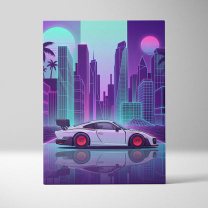 Porsche 935 Inspired White Purple Canvas Wall Art Vaporwave Race Car Artwork Neon City Garage Decor Retro Futuristic Motorsport Print