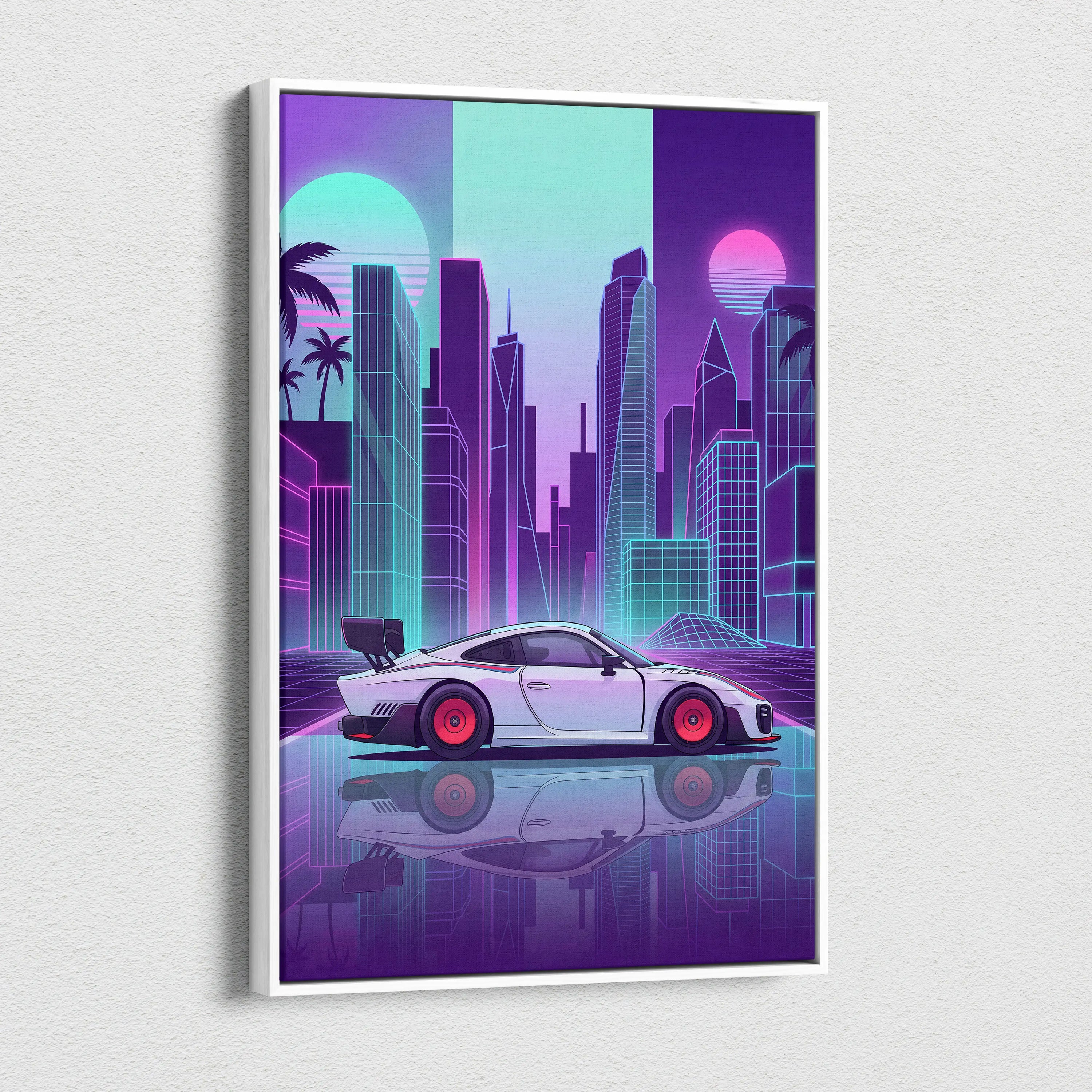 Porsche 935 Inspired White Purple Canvas Wall Art Vaporwave Race Car Artwork Neon City Garage Decor Retro Futuristic Motorsport Print