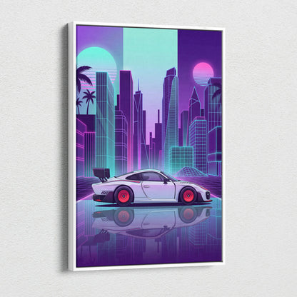 Porsche 935 Inspired White Purple Canvas Wall Art Vaporwave Race Car Artwork Neon City Garage Decor Retro Futuristic Motorsport Print