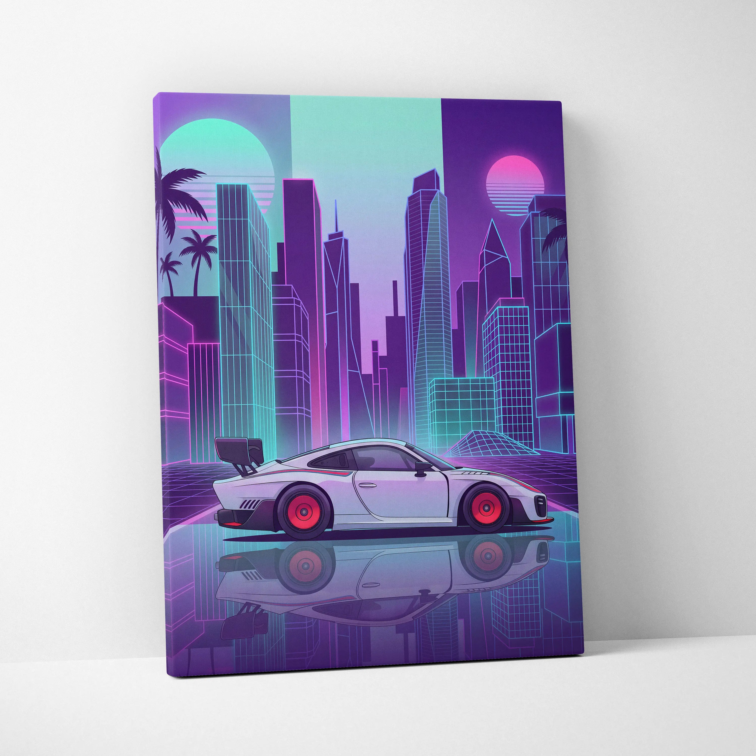 Porsche 935 Inspired White Purple Canvas Wall Art Vaporwave Race Car Artwork Neon City Garage Decor Retro Futuristic Motorsport Print