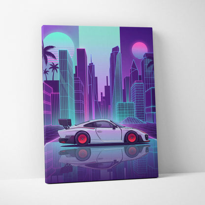 Porsche 935 Inspired White Purple Canvas Wall Art Vaporwave Race Car Artwork Neon City Garage Decor Retro Futuristic Motorsport Print