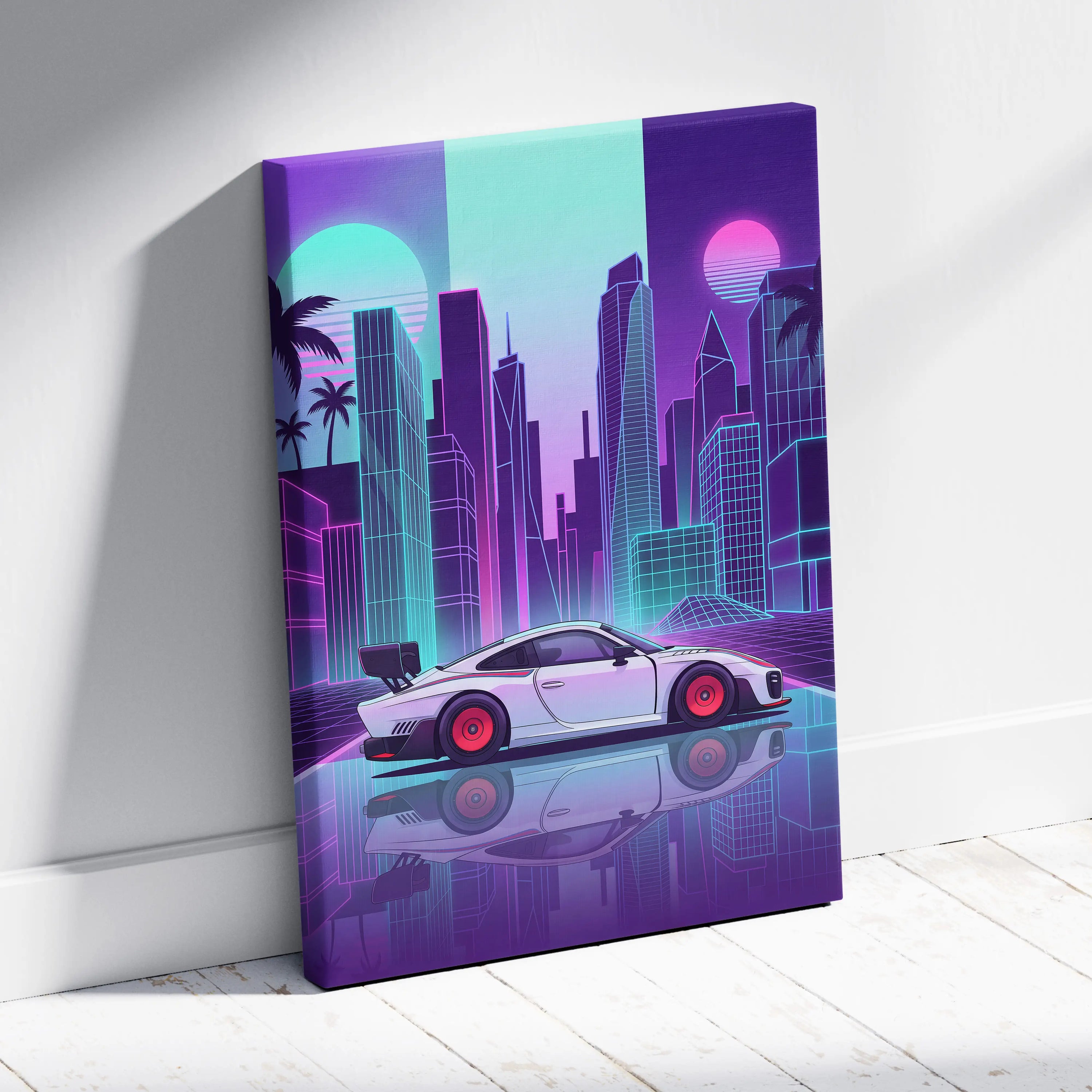 Porsche 935 Inspired White Purple Canvas Wall Art Vaporwave Race Car Artwork Neon City Garage Decor Retro Futuristic Motorsport Print