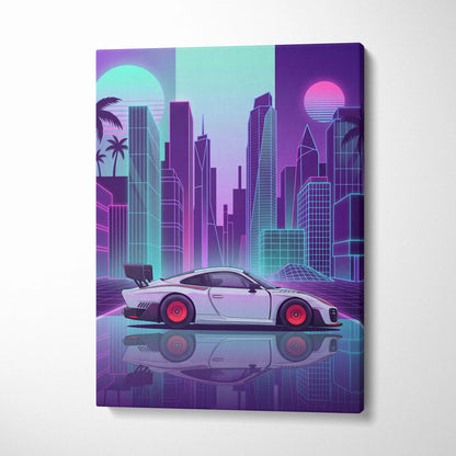Porsche 935 Inspired White Purple Canvas Wall Art Vaporwave Race Car Artwork Neon City Garage Decor Retro Futuristic Motorsport Print