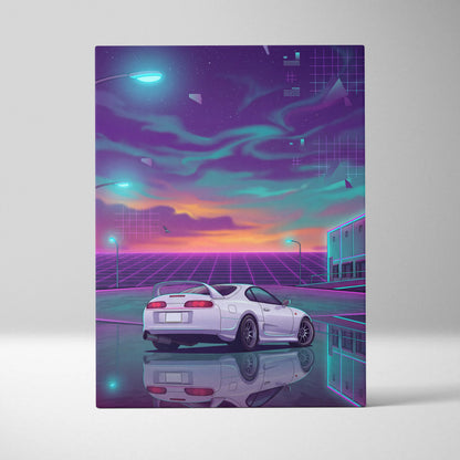 Toyota Supra MK4 Inspired White Purple Canvas Wall Art Vaporwave JDM Sports Car Artwork Neon Sunset Garage Decor Retro Futuristic Night Print