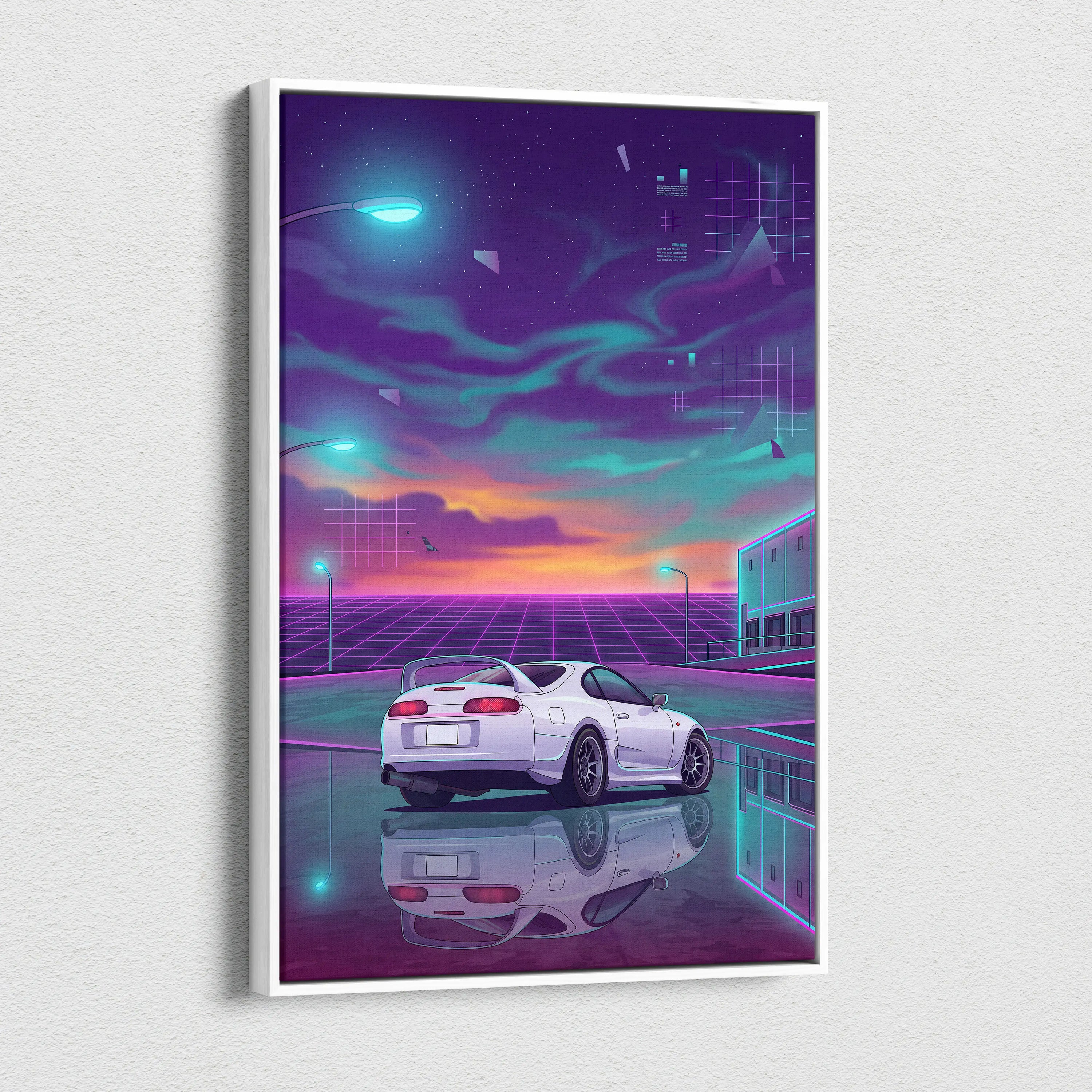 Toyota Supra MK4 Inspired White Purple Canvas Wall Art Vaporwave JDM Sports Car Artwork Neon Sunset Garage Decor Retro Futuristic Night Print