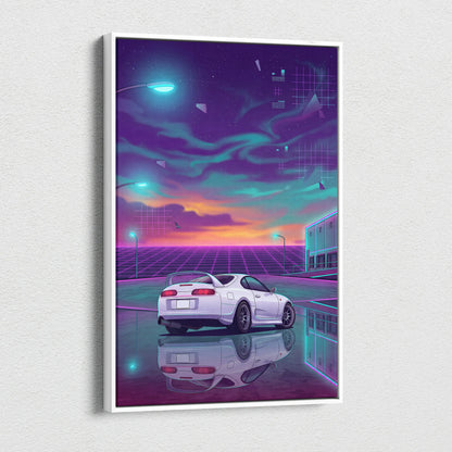 Toyota Supra MK4 Inspired White Purple Canvas Wall Art Vaporwave JDM Sports Car Artwork Neon Sunset Garage Decor Retro Futuristic Night Print