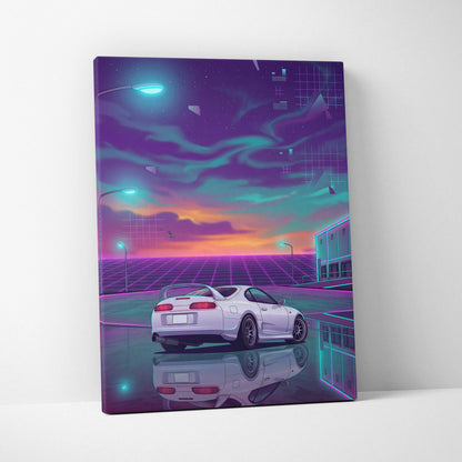 Toyota Supra MK4 Inspired White Purple Canvas Wall Art Vaporwave JDM Sports Car Artwork Neon Sunset Garage Decor Retro Futuristic Night Print