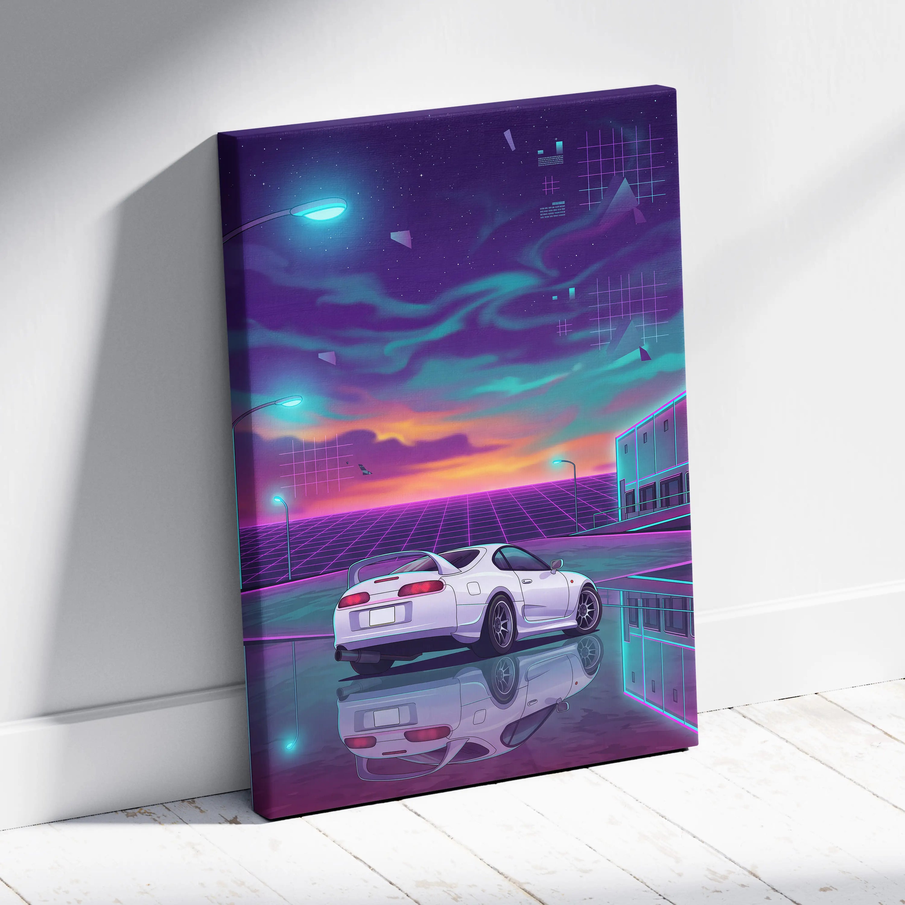 Toyota Supra MK4 Inspired White Purple Canvas Wall Art Vaporwave JDM Sports Car Artwork Neon Sunset Garage Decor Retro Futuristic Night Print