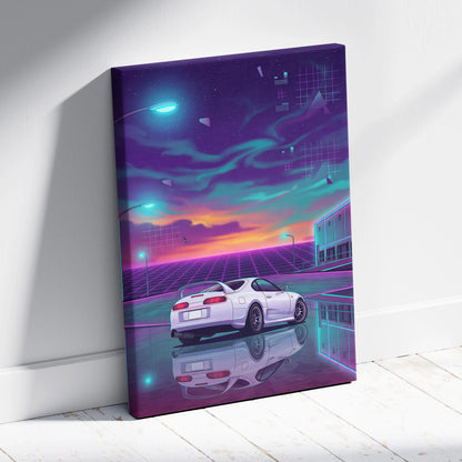 Toyota Supra MK4 Inspired White Purple Canvas Wall Art Vaporwave JDM Sports Car Artwork Neon Sunset Garage Decor Retro Futuristic Night Print