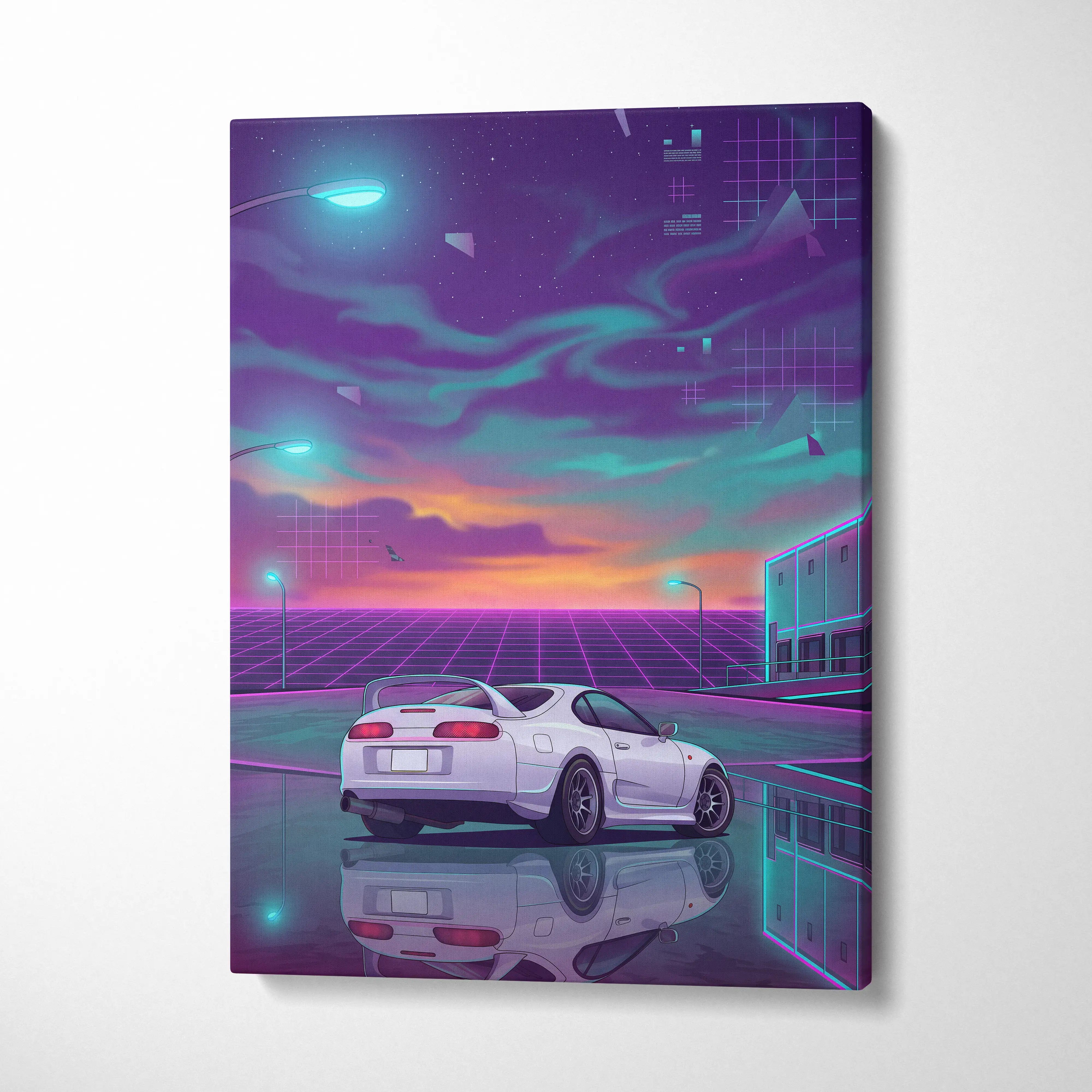 Toyota Supra MK4 Inspired White Purple Canvas Wall Art Vaporwave JDM Sports Car Artwork Neon Sunset Garage Decor Retro Futuristic Night Print