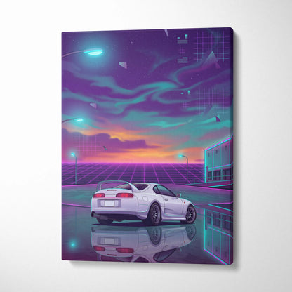 Toyota Supra MK4 Inspired White Purple Canvas Wall Art Vaporwave JDM Sports Car Artwork Neon Sunset Garage Decor Retro Futuristic Night Print