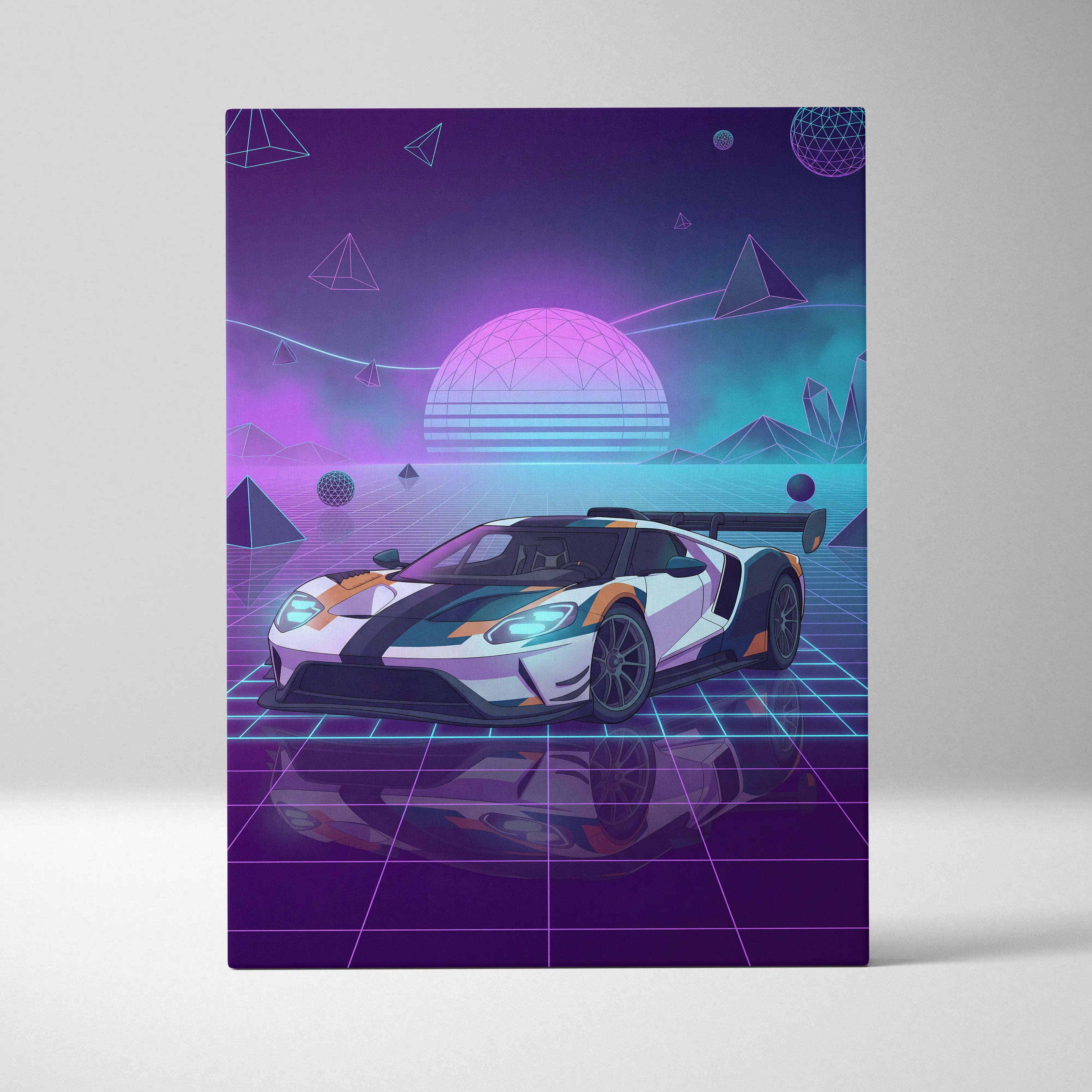 Ford GT Inspired White Orange Canvas Wall Art Vaporwave Race Car Artwork Neon Grid Garage Decor Retro Futuristic Motorsport Print