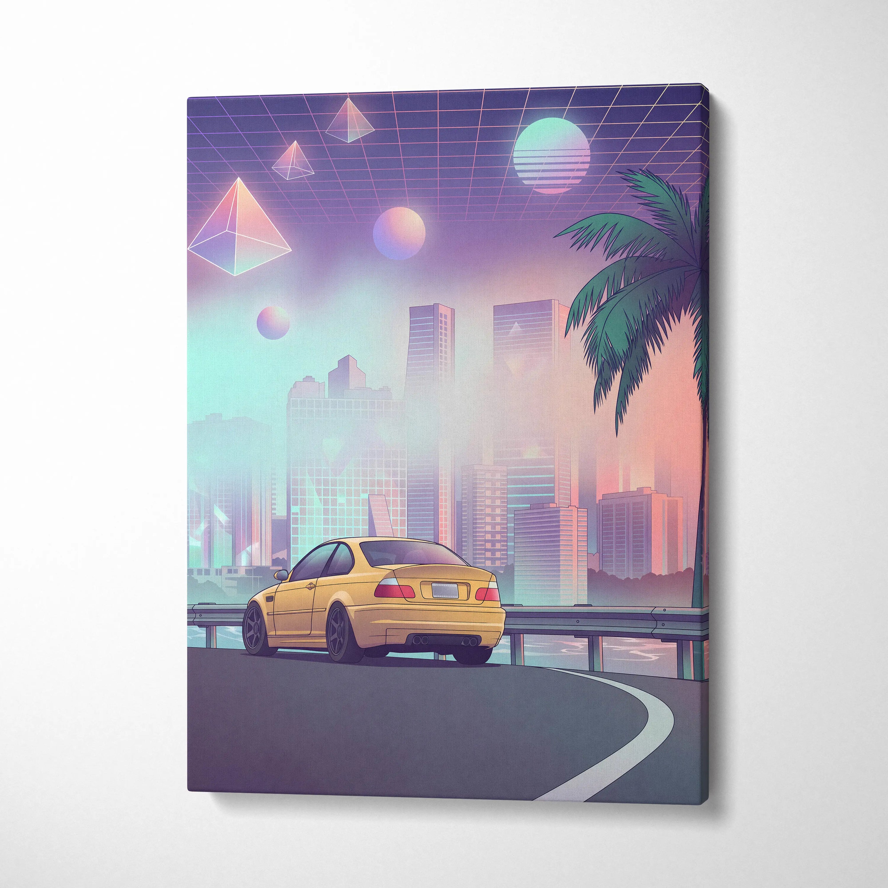BMW M3 E46 Inspired Yellow Purple Canvas Wall Art Vaporwave Sports Car Artwork Neon City Skyline Garage Decor Retro Futuristic Palm Print
