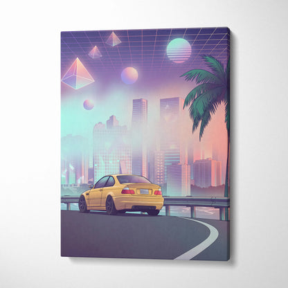 BMW M3 E46 Inspired Yellow Purple Canvas Wall Art Vaporwave Sports Car Artwork Neon City Skyline Garage Decor Retro Futuristic Palm Print