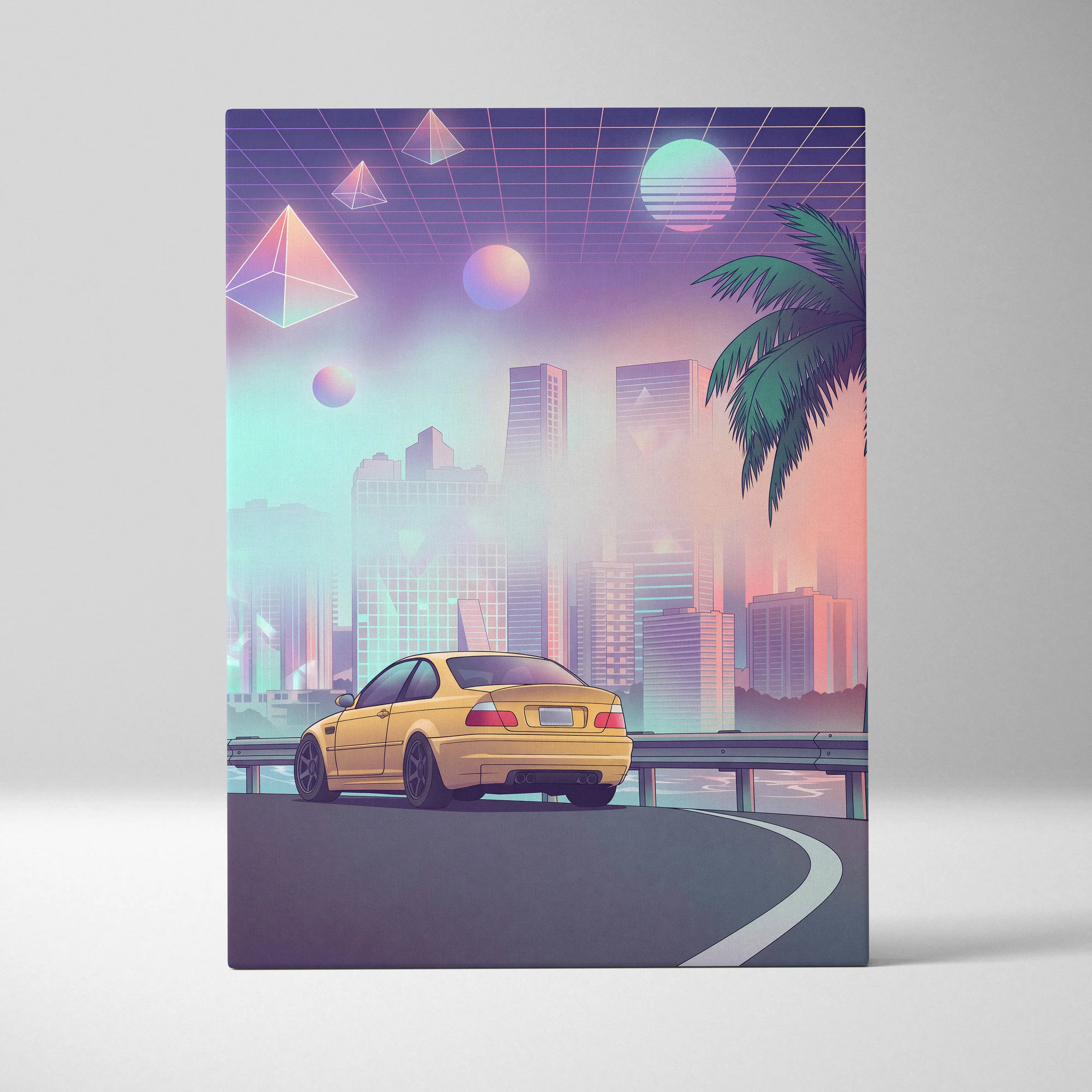BMW M3 E46 Inspired Yellow Purple Canvas Wall Art Vaporwave Sports Car Artwork Neon City Skyline Garage Decor Retro Futuristic Palm Print