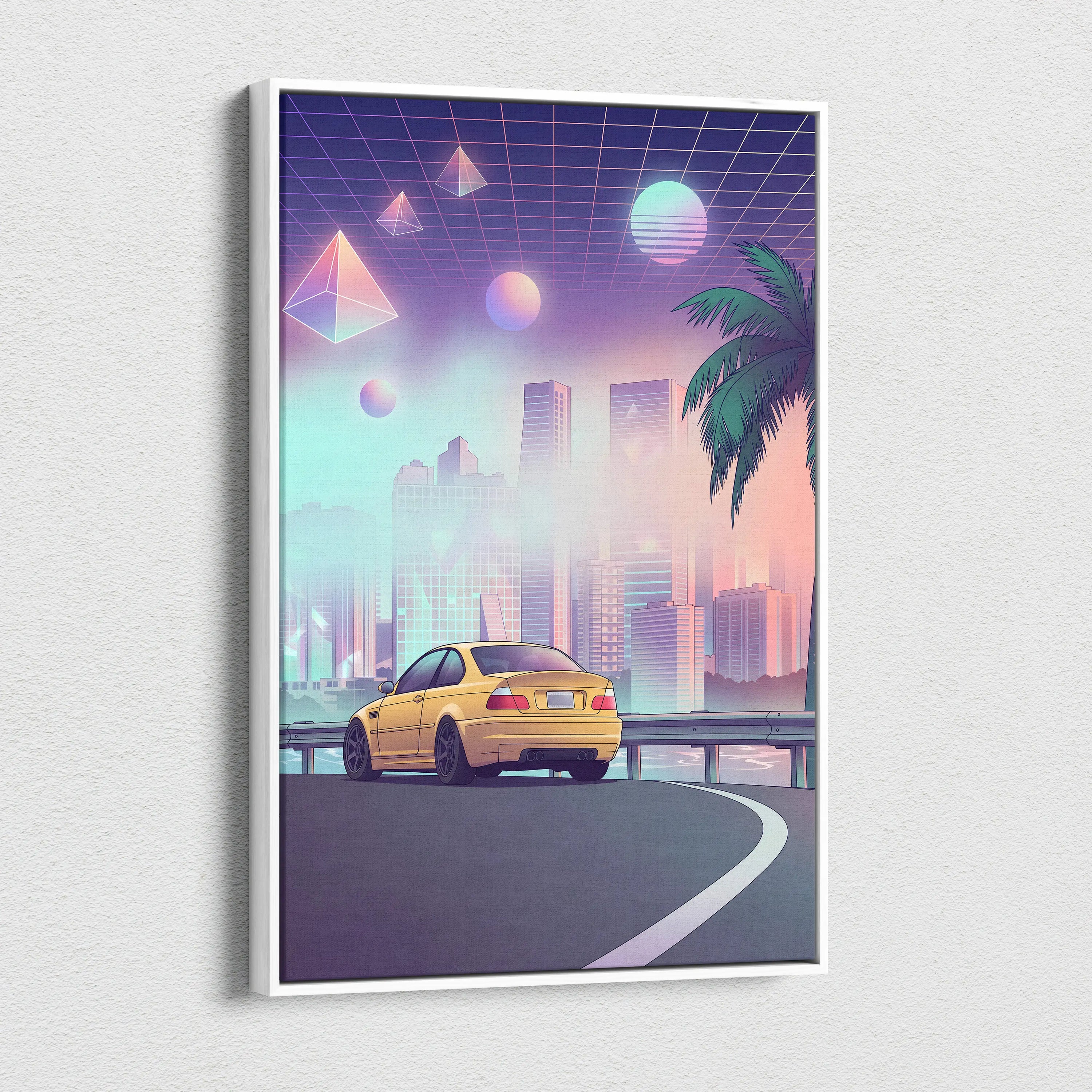 BMW M3 E46 Inspired Yellow Purple Canvas Wall Art Vaporwave Sports Car Artwork Neon City Skyline Garage Decor Retro Futuristic Palm Print