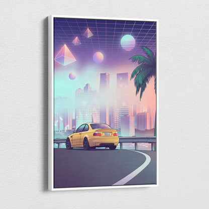 BMW M3 E46 Inspired Yellow Purple Canvas Wall Art Vaporwave Sports Car Artwork Neon City Skyline Garage Decor Retro Futuristic Palm Print