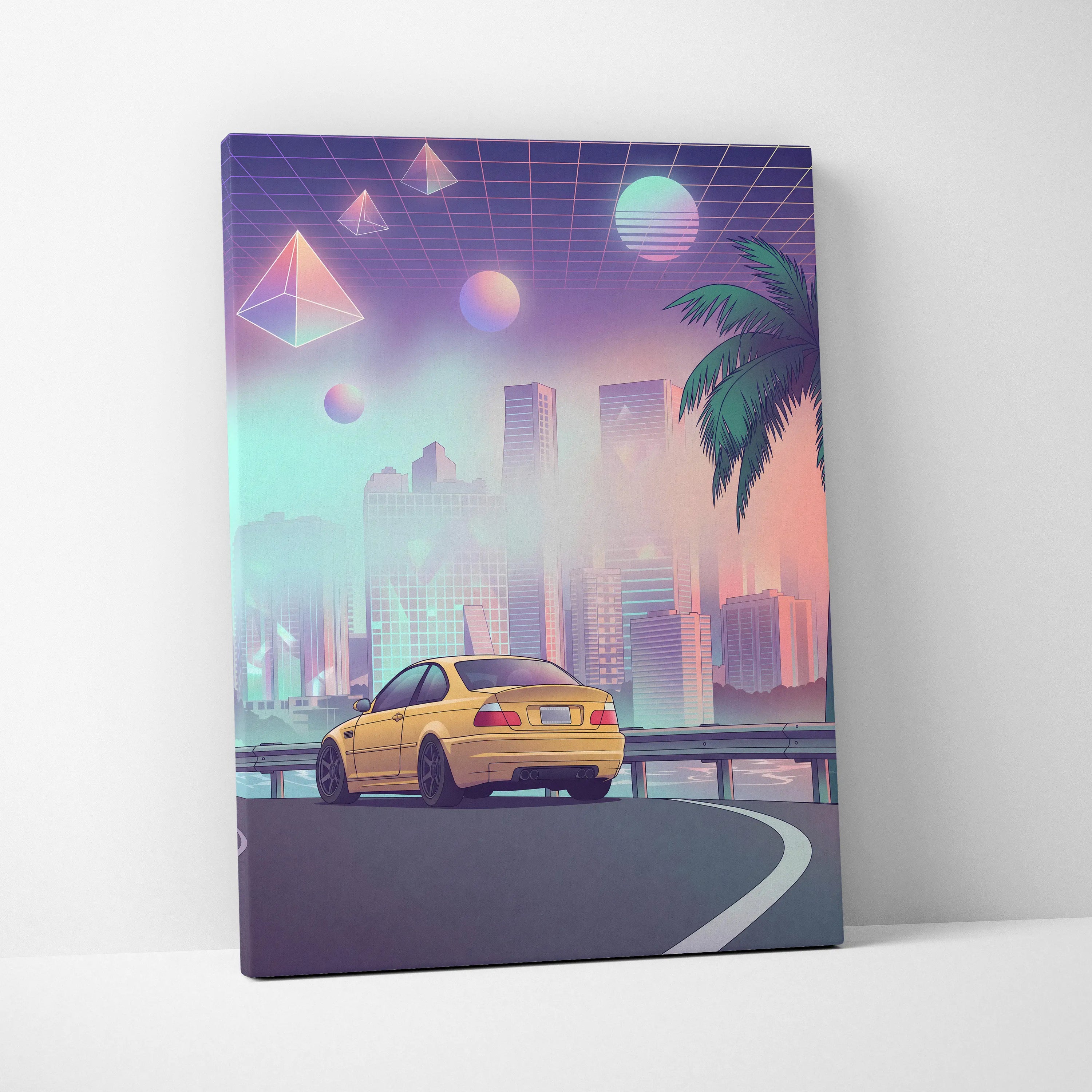 BMW M3 E46 Inspired Yellow Purple Canvas Wall Art Vaporwave Sports Car Artwork Neon City Skyline Garage Decor Retro Futuristic Palm Print