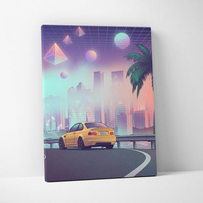 BMW M3 E46 Inspired Yellow Purple Canvas Wall Art Vaporwave Sports Car Artwork Neon City Skyline Garage Decor Retro Futuristic Palm Print