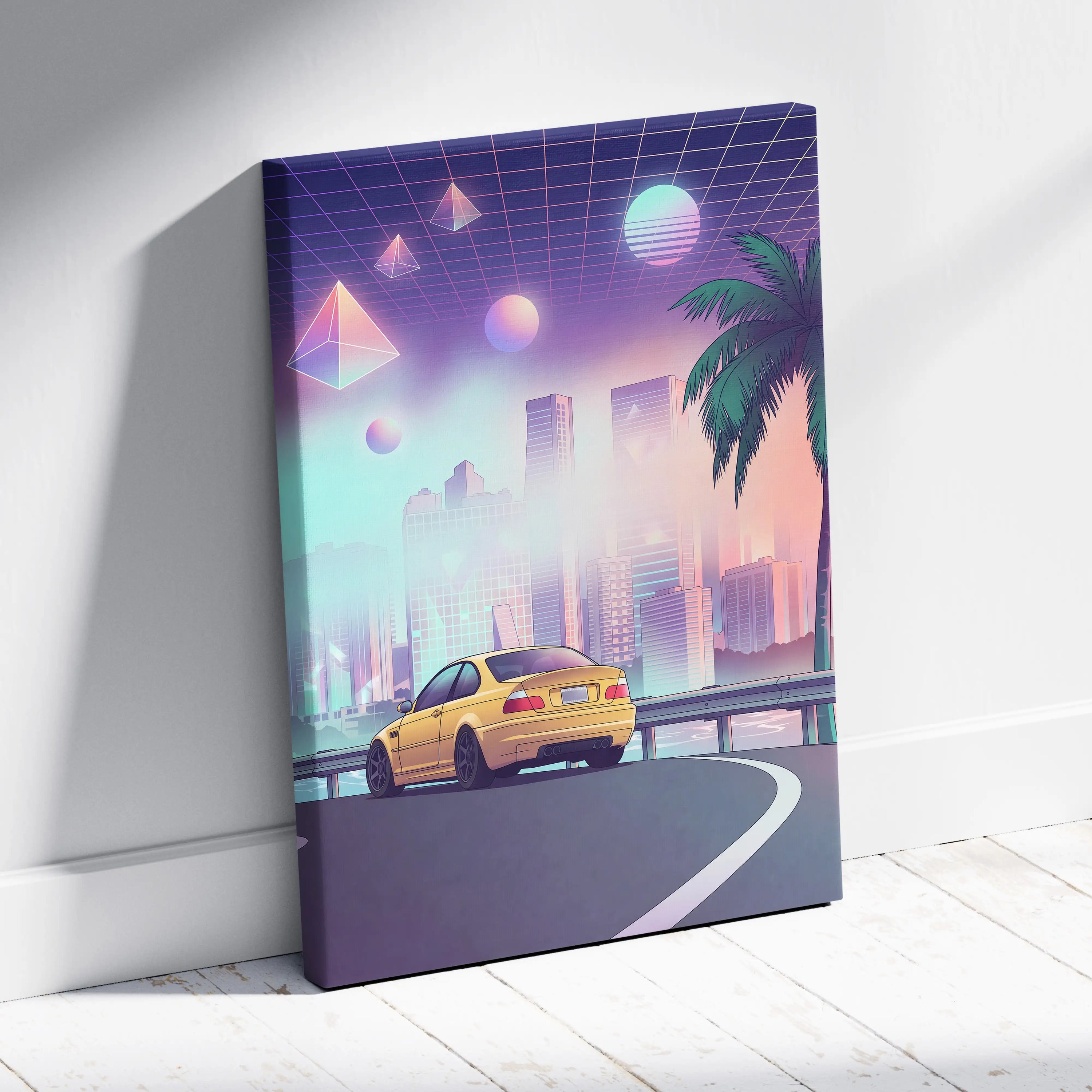BMW M3 E46 Inspired Yellow Purple Canvas Wall Art Vaporwave Sports Car Artwork Neon City Skyline Garage Decor Retro Futuristic Palm Print