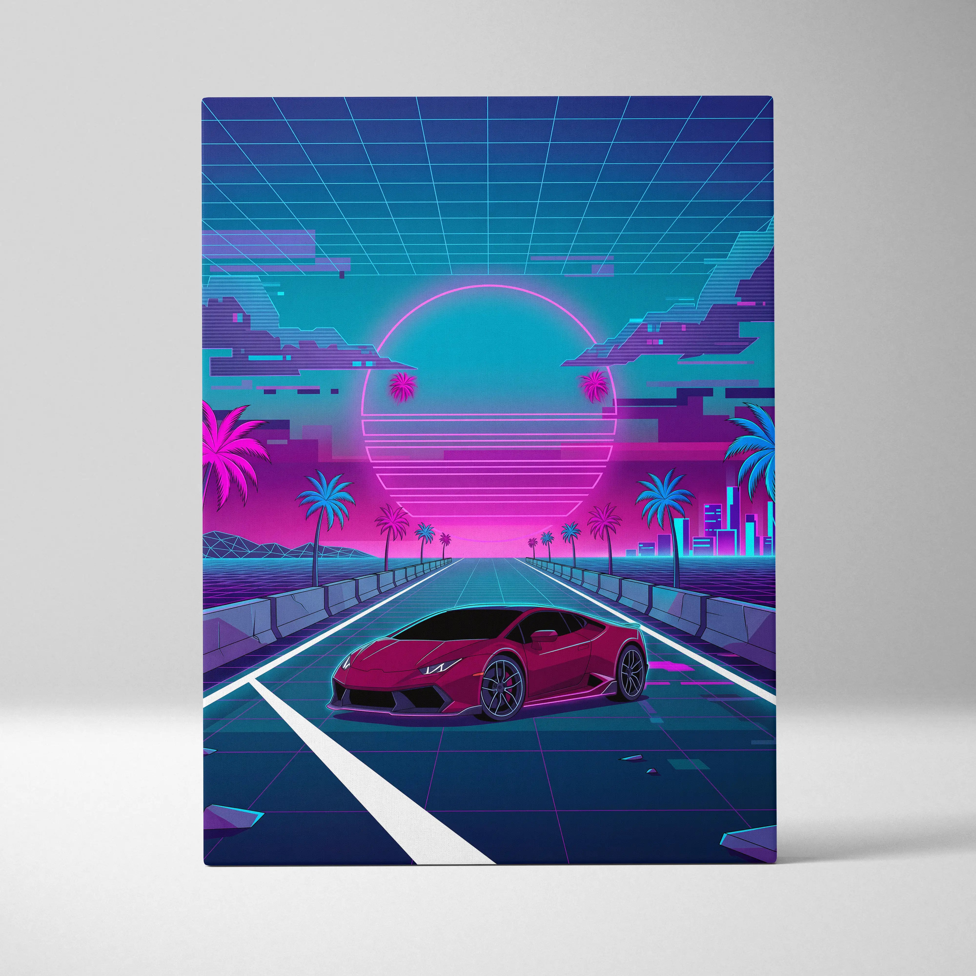 Lamborghini Huracan Inspired Red Teal Canvas Wall Art, Neon Vaporwave Supercar Artwork for Retro Futuristic Garage Decor