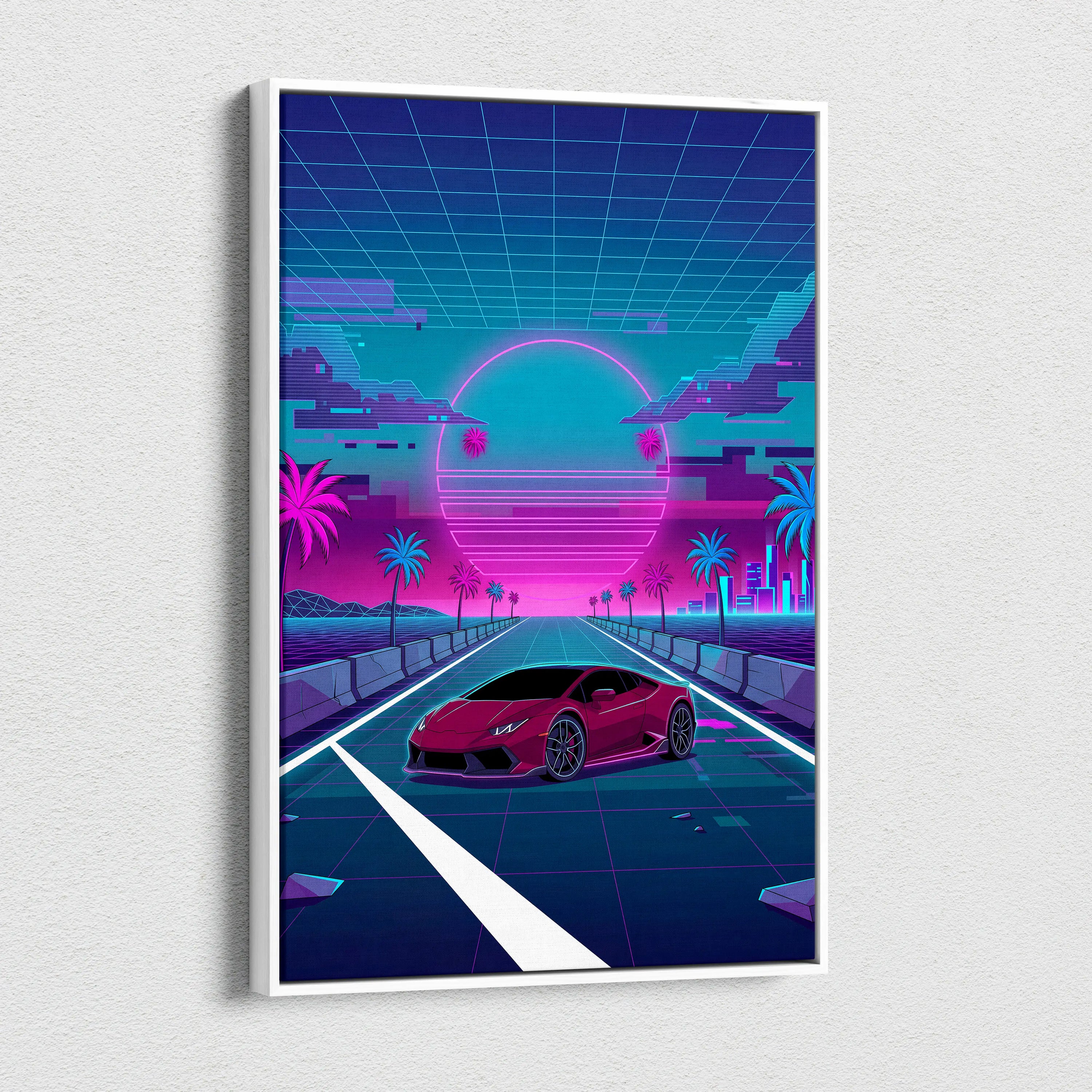 Lamborghini Huracan Inspired Red Teal Canvas Wall Art, Neon Vaporwave Supercar Artwork for Retro Futuristic Garage Decor
