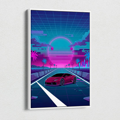 Lamborghini Huracan Inspired Red Teal Canvas Wall Art, Neon Vaporwave Supercar Artwork for Retro Futuristic Garage Decor