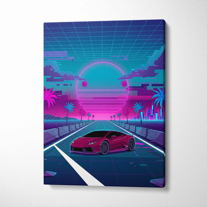 Lamborghini Huracan Inspired Red Teal Canvas Wall Art, Neon Vaporwave Supercar Artwork for Retro Futuristic Garage Decor