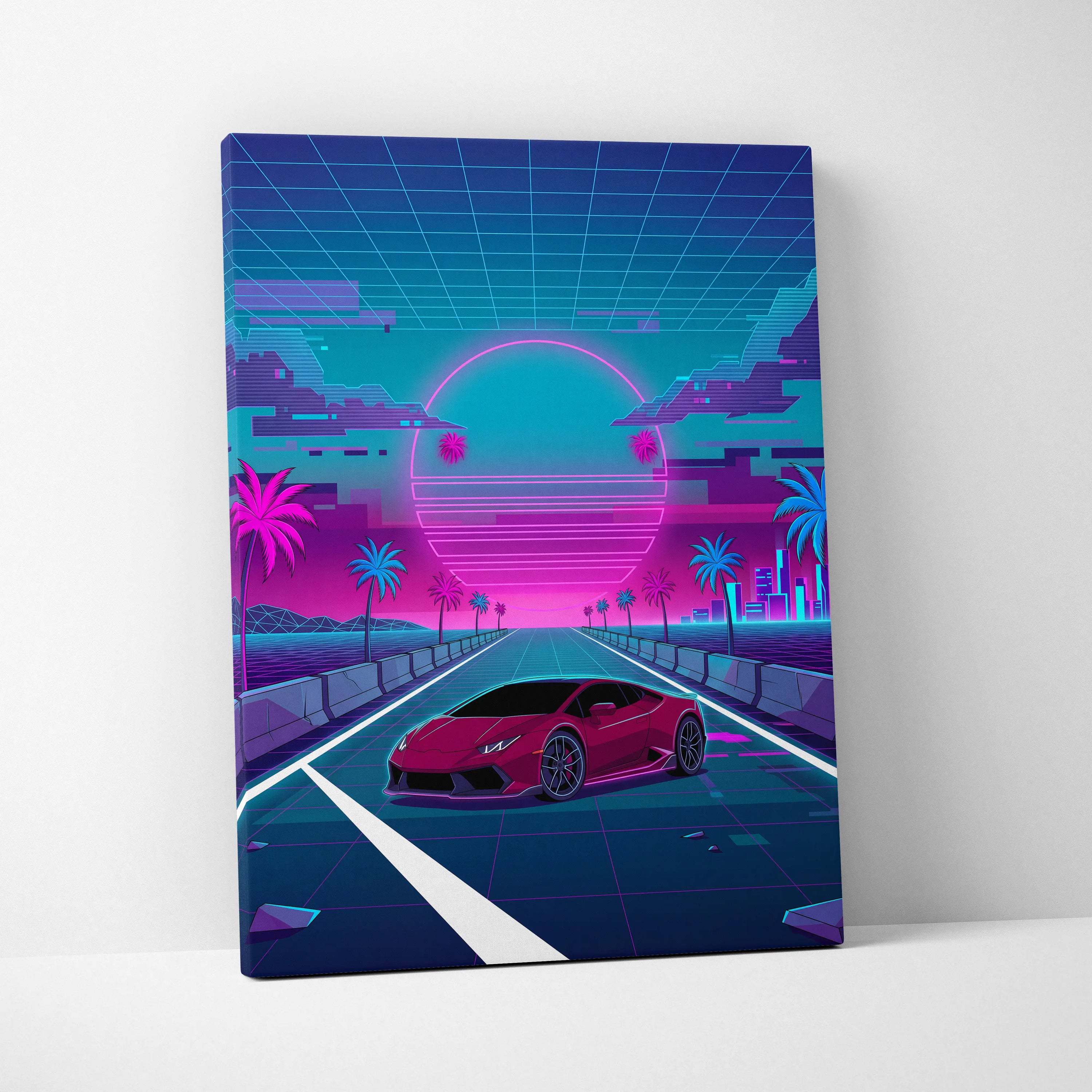 Lamborghini Huracan Inspired Red Teal Canvas Wall Art, Neon Vaporwave Supercar Artwork for Retro Futuristic Garage Decor