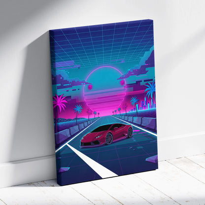 Lamborghini Huracan Inspired Red Teal Canvas Wall Art, Neon Vaporwave Supercar Artwork for Retro Futuristic Garage Decor