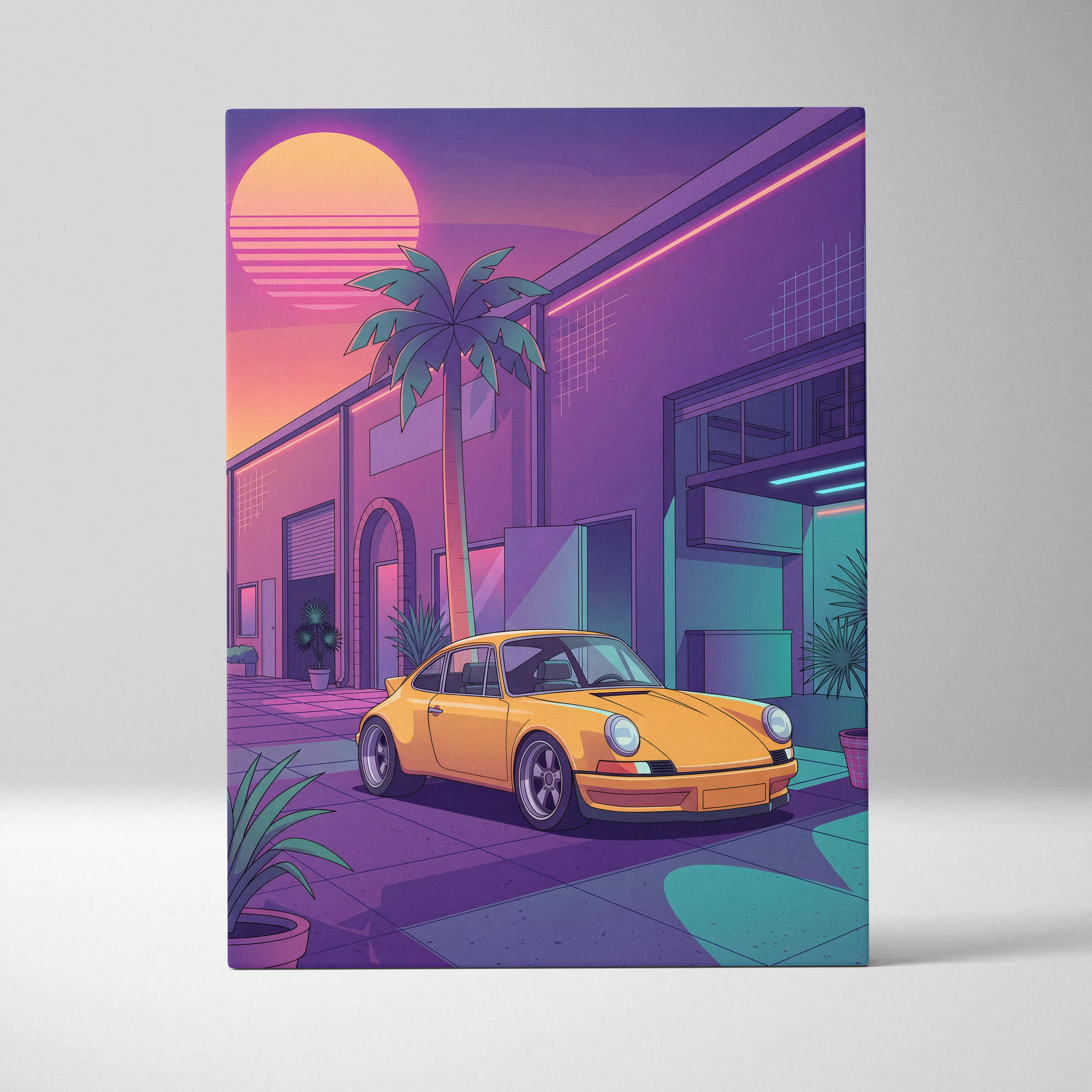 Porsche 911 Inspired Yellow Purple Canvas Wall Art Vaporwave Classic Sports Car Artwork Neon Palm Garage Decor Retro Futuristic Sunset Print